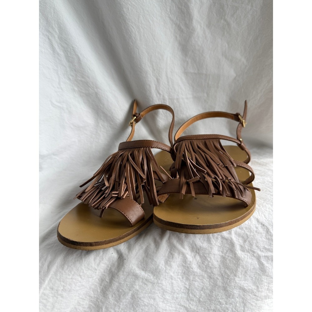 J.Crew‎ Womens Fringe Leather Flat Sandals Brown Strappy Ankle Strap Size 8